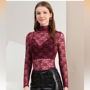 Allegra K Women's Lace Floral Mock Turtle Neck Long Sleeve Sheer Mesh Top